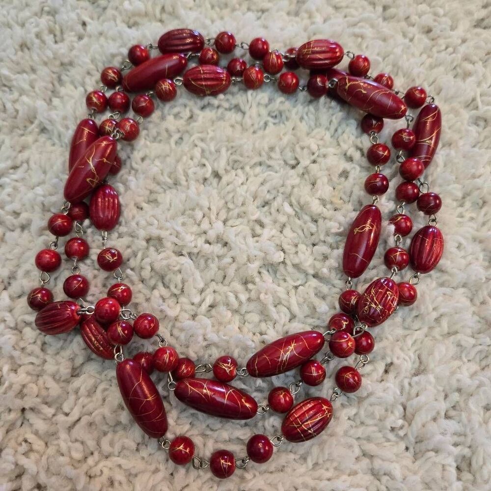 Vintage Long Red Wood Bead Gold Accent  Necklace